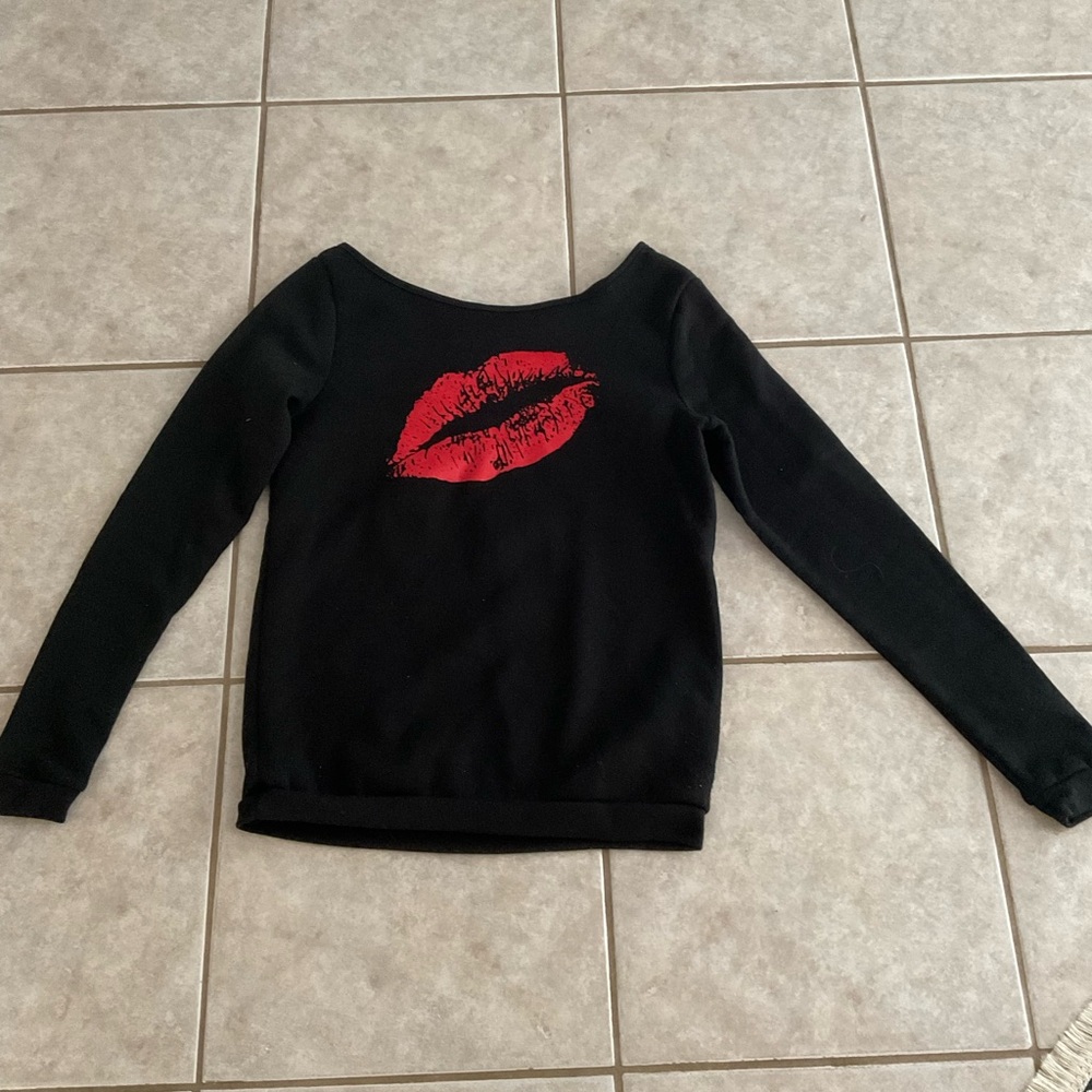 Black Sweater with Red Lip Print